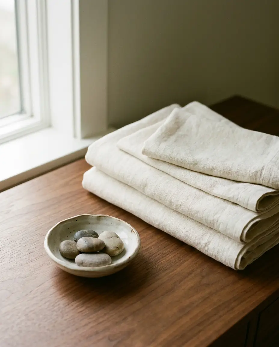 Detail of folded linens at J Massage SLC