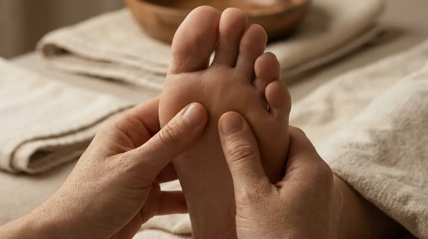 Reflexology - thumbs working pressure points on the foot - detail view