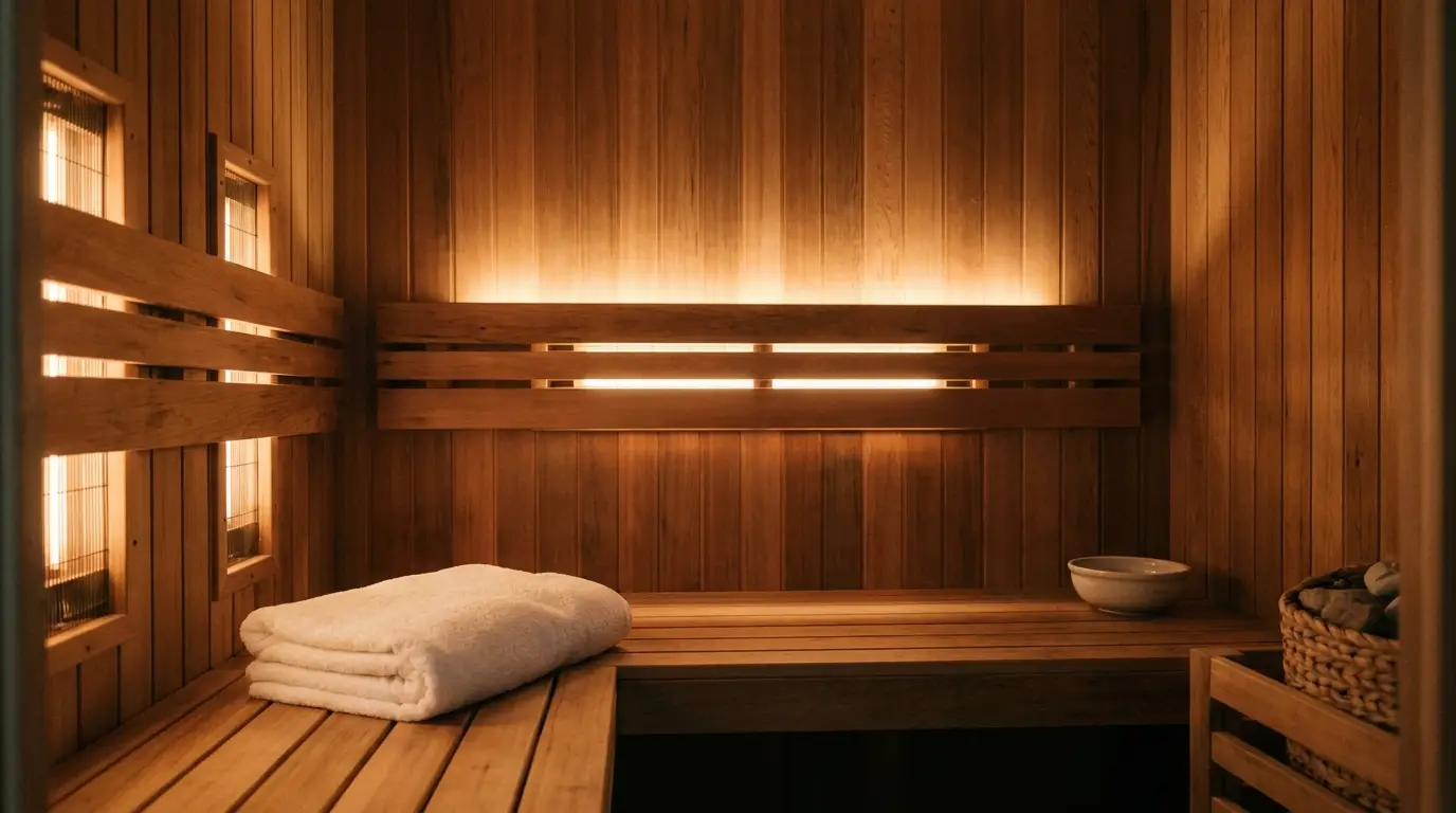 Infrared sauna interior - warm cedar wood paneling and amber light