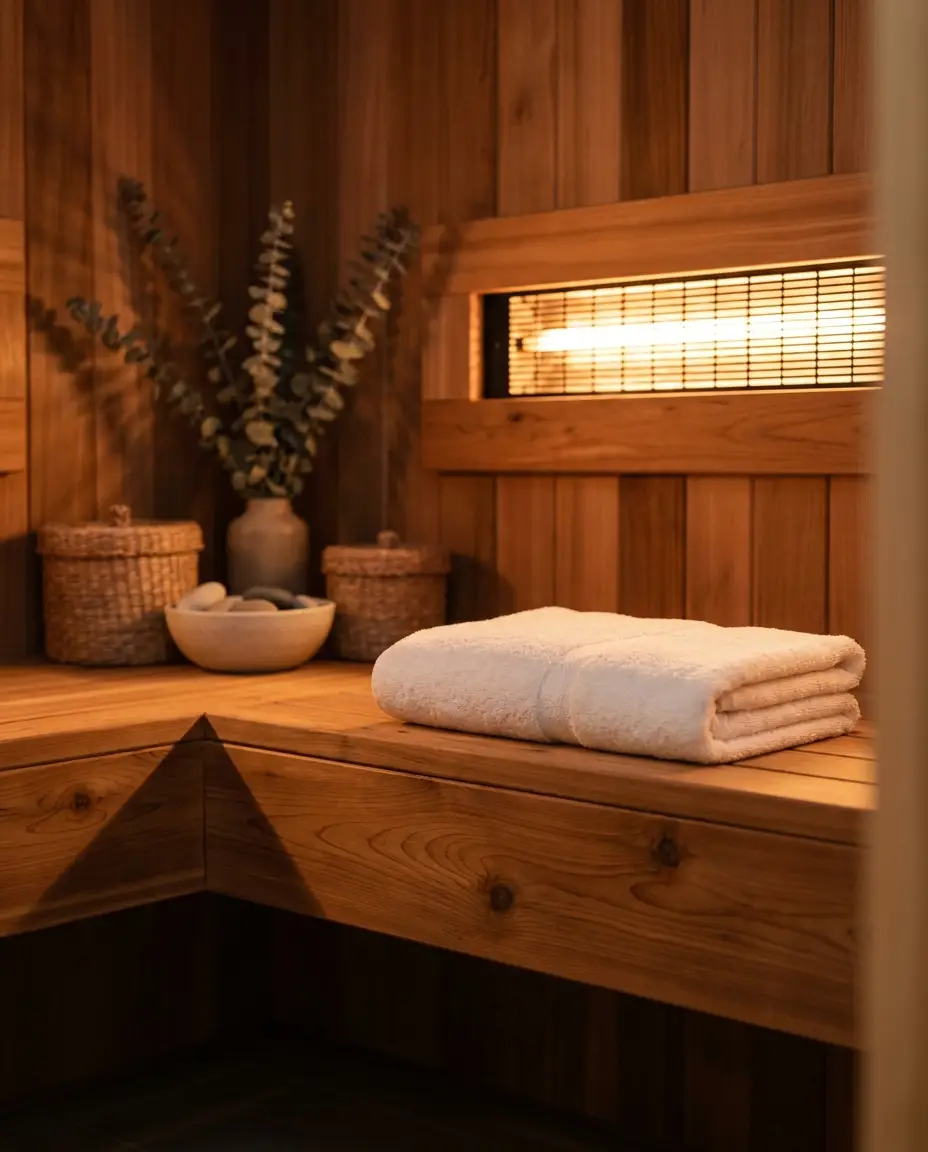 Infrared sauna interior - warm cedar wood paneling and amber light - detail view