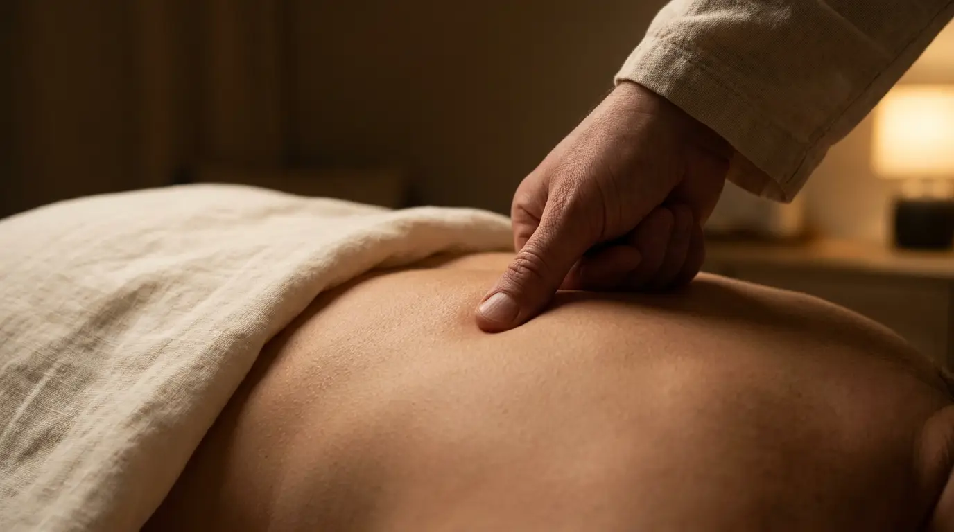 Shiatsu acupressure - thumb pressure on meridian points - detail view