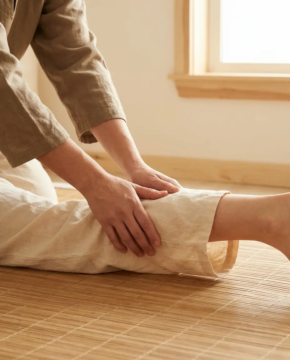 Thai massage - assisted stretching technique on a floor mat - detail view